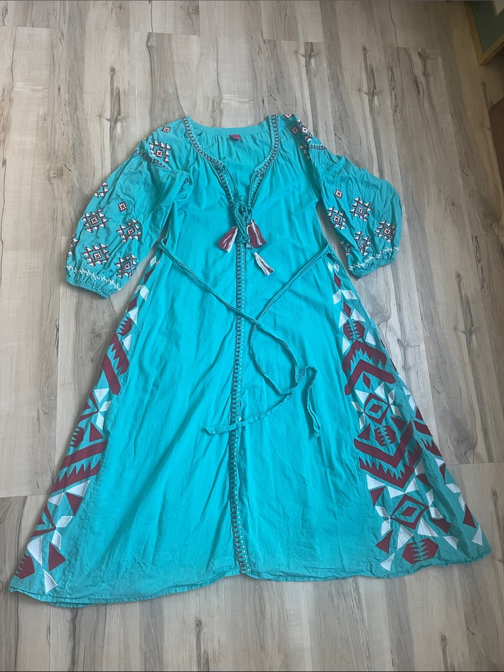 Turquoise Boho Embroidered Maxi Dress with Tassel Tie